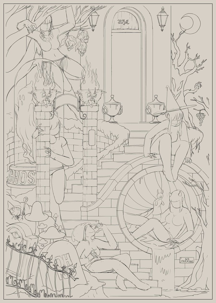 The Lodge, stage 3: detailed sketch with braziers, witch and lanterns